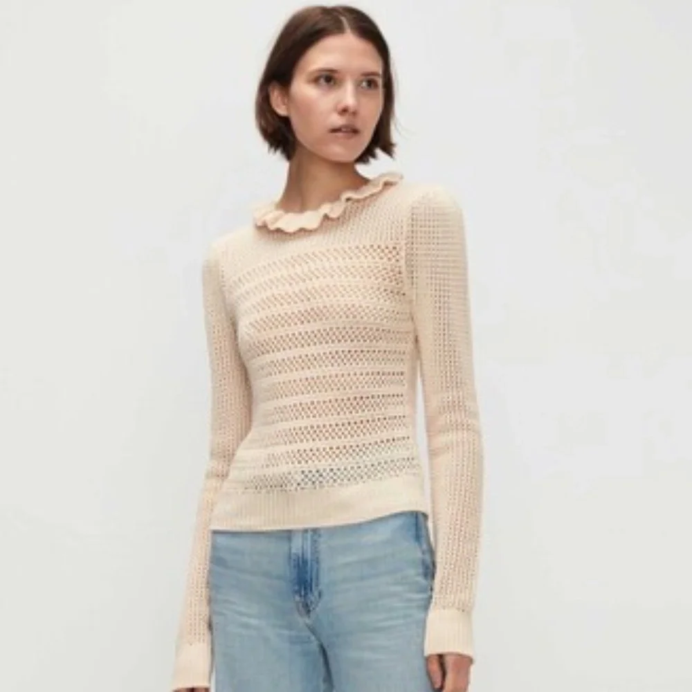 7 FOR ALL MANKIND | Ruffle Neck Long Sleeve Sweater in Heather Oatmeal | Size M